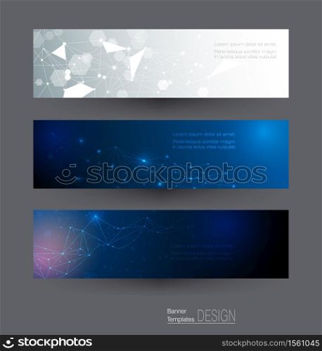Vector illustration, Abstract banners set of molecule structure. Hi-tech digital technology and digital telecom technology concept. Vector abstract futuristic on dark blue color background