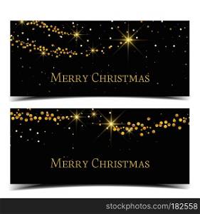 Vector illustration abstract Christmas background and banners. Lights on black background. Gold Holiday New year glitter.. Lights on golden background