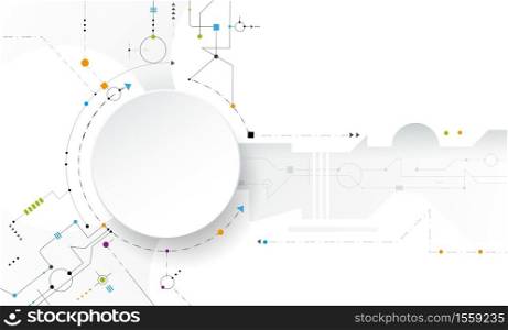 Vector illustration abstract futuristic, circuit board on light gray background, Modern hi-tech digital technology concept. Blank white 3d paper circle label for your content, business, engineering, web design