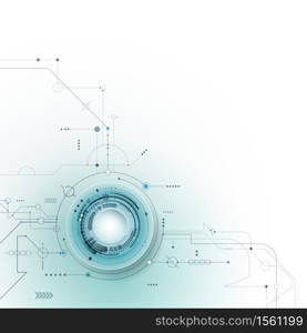 Vector illustration Abstract futuristic eyeball on circuit board, high computer technology. Light green and blue color background