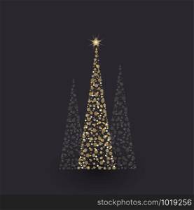 Vector illustration abstract golden christmas tree on black background. Golden light decoration. Christmas tree as symbol