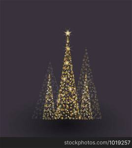 Vector illustration abstract golden christmas tree on black background. Golden light decoration. Christmas tree as symbol. Golden christmas tree