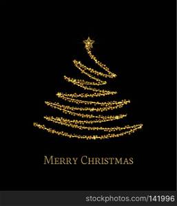 Vector illustration abstract golden christmas tree on black background. Golden light decoration. Christmas tree as symbol. Golden christmas tree