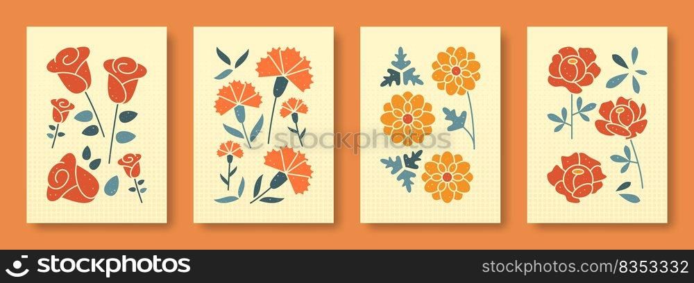 Vector illustration abstract still life of flowers in pastel colors. Collection of contemporary art. Vector set of flowers rose carnation chrysanthemum peony for social media, posters, postcards.. Vector illustration abstract still life of flowers in pastel colors. Isolated collection of flowers rose carnation chrysanthemum peony.
