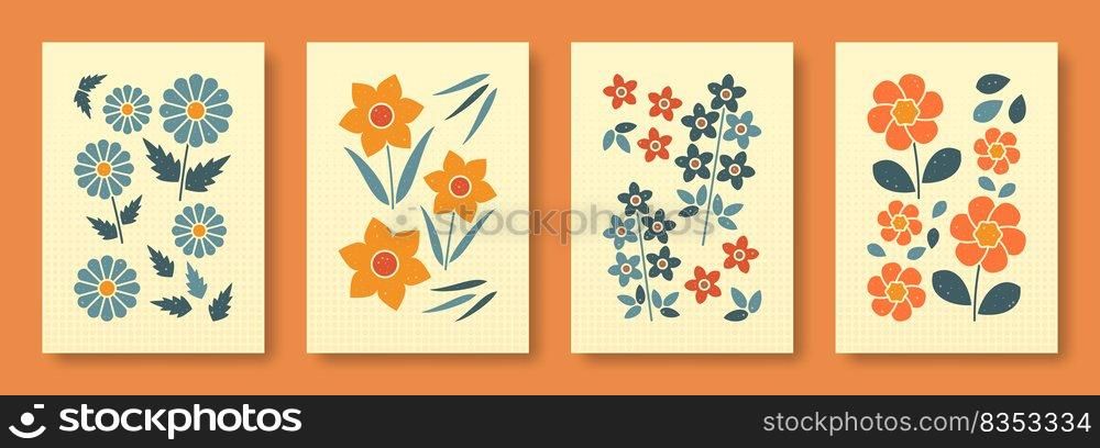 Vector illustration abstract still life of flowers in pastel colors. Collection of contemporary art. Vector set of flowers chamomile narcissus delphinium gardenia for social media, posters, postcards.. Vector illustration abstract still life of flowers in pastel colors. Isolated collection of flowers chamomile, narcissus, delphinium, gardenia.