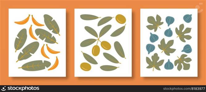 Vector illustration abstract still life of plant leaves and their fruits in pastel colors. Vector set leaves of banana, olive, fig tree for social media, posters, postcards and web design.. Vector illustration abstract still life of plant leaves and their fruits in pastel colors. Set of illustrations of leaves of banana, olive, fig tree.