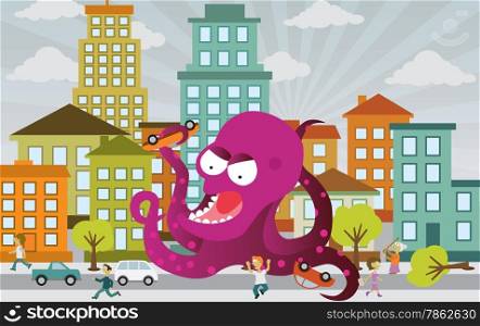 Vector illustration - Alien is attacking the city