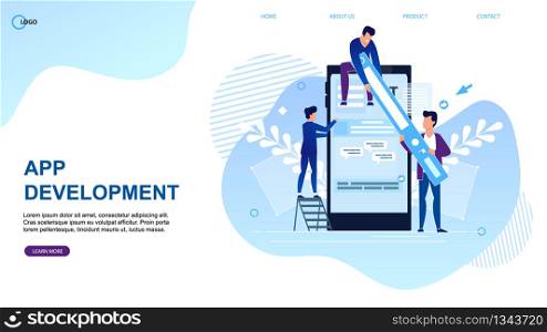 Vector Illustration App Development Landing Page. Mobile Application Development Service. Programmers are Working Effective Placementcontent. Smartphone Screen, People make Up Mobile App Layout.
