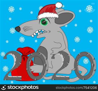 Vector illustration approaching 2020 metallic rat on turn blue background and snowflakes. Approaching new year of the metallic rat