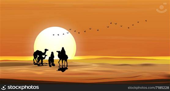 Vector illustration Arab family with camel walking in desert sands with sunset in evening,Panoramic Landscape Scenery of sun over mountains during twilight in orange color above desert and sand dunes.