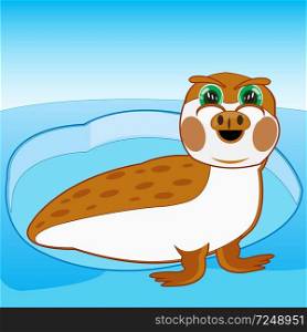 Vector illustration baby drawing seal sailling in water on north. Cartoon arctic animal seal in wormwood on north