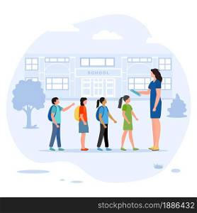 Vector illustration Back to school Schoolboy, schoolgirl with schoolbags get acquainted with teacher. Elementary school pupil First day at school Children excited to start school. Design for web print