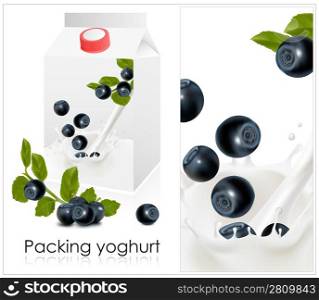Vector illustration. Background for design of packing yoghurt with photo-realistic vector of blueberry.