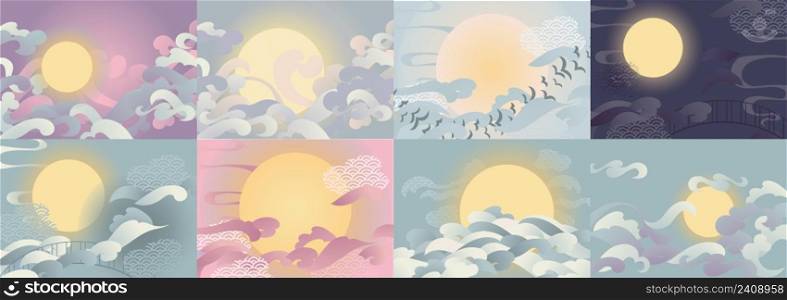 Vector illustration backgrounds set for chinese valentine Qixi festival with couds and full moon.. Vector set for chinese valentine Qixi festival with couds and full moon.