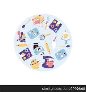 Vector illustration. Baking circle sticker with kitchen tools. Sweet life. Homemade cute cupcake and chocolate in modern flat style 