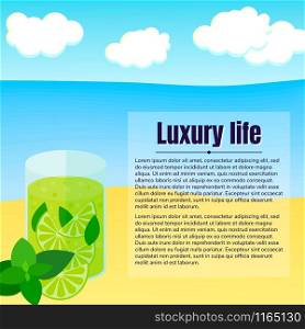vector illustration. Beach, sea, cloud. lemonade with lime mint Text luxury life. vector illustration. Beach, sea, cloud. lemonade with lime, mint