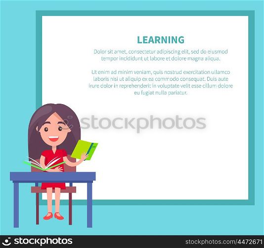 Vector Illustration Begginer on 1st of September. Vector illustration of begginer on 1st of September, back to school concept. Learning banner with brunette girl with textbook at school.