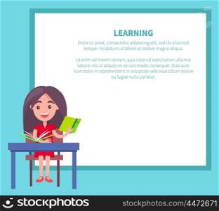 Vector Illustration Begginer on 1st of September. Vector illustration of begginer on 1st of September, back to school concept. Learning banner with brunette girl with textbook at school.