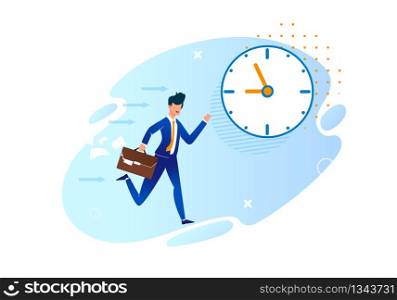 Vector Illustration Being Late for Work Cartoon. Man in Business Suit with Briefcase Runs against Background Hours. Constant Lateness Leads to Stress and Tensions. Time is Nearing End.