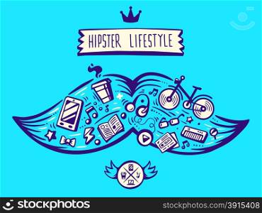vector illustration big mustache of hipster life style with different elements on blue background. Art for banner, print, design, advertising, poster