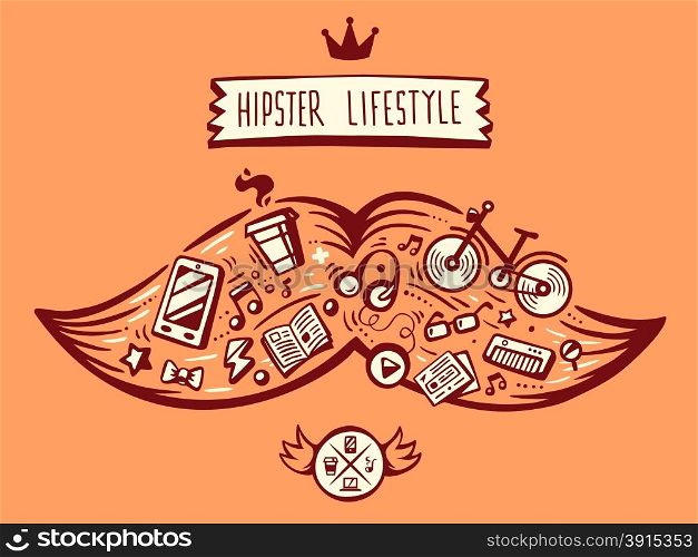 vector illustration big mustache of hipster life style with different elements on orange background. Art for banner, print, design, advertising, poster