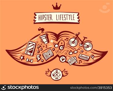 vector illustration big mustache of hipster life style with different elements on orange background. Art for banner, print, design, advertising, poster