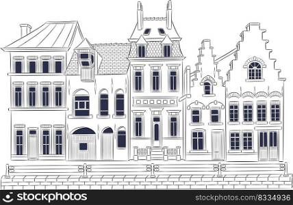 Vector illustration. Black and white drawing of the facades of old traditional Belgian houses in the city of Bruges. Belgium.. Vector. Old medieval houses in the historical part of Bruges.