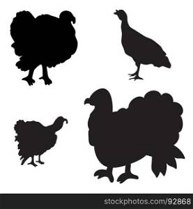 Vector illustration. Black silhouette of several turkeys on a white background. Collection of silhouettes.