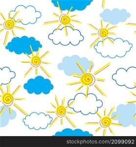 Vector illustration. Blue clouds and sun on white background seamless pattern.