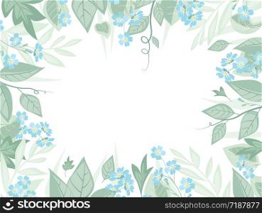 Vector illustration blue flowers. Branch of blue forget-me-not flowers and leaves. Nature background. Vector blue forget me not flowers