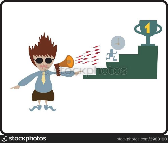 Vector illustration boss with megaphone shouting to employee run against time to goal