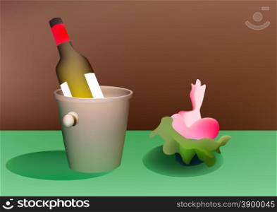 Vector illustration bottle of wine in ice bucket and flower