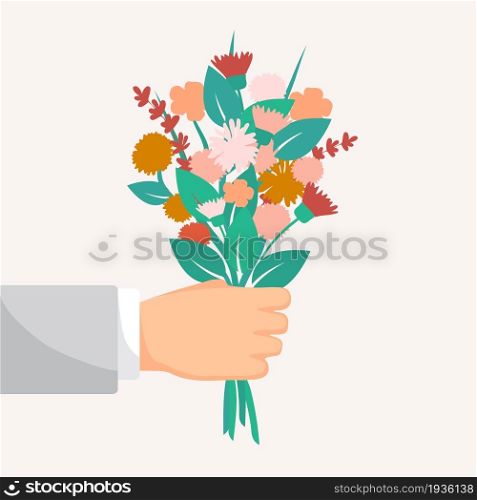 Vector illustration. Bundle of hands holding bouquets of wildflowers. Floral set. Stylish decorative design. Blooming flowers. Romantic present for a loved one.
