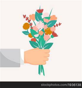 Vector illustration. Bundle of hands holding bouquets of wildflowers. Floral set. Stylish decorative design. Blooming flowers. Romantic present for a loved one.
