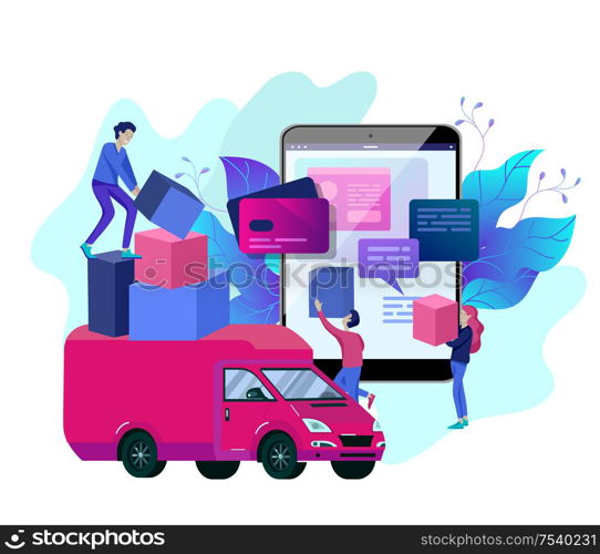 Vector illustration business concept, online store, buying and selling, goods delivery, flat style, online shopping, receiving a check through the phone. Vector illustration business concept, online store, buying and selling, goods delivery