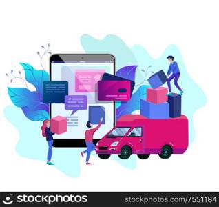 Vector illustration business concept, online store, buying and selling, goods delivery, flat style, online shopping, receiving a check through the phone. Vector illustration business concept, online store, buying and selling, goods delivery