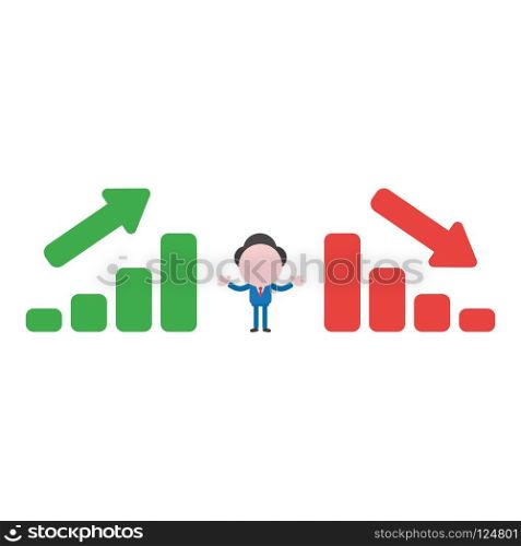 Vector illustration businessman character between sales bar charts moving up and down.