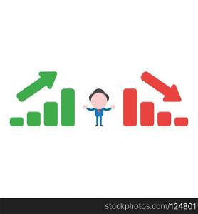 Vector illustration businessman character between sales bar charts moving up and down.