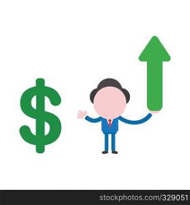 Vector illustration businessman character holding arrow moving up and pointing dollar symbol.