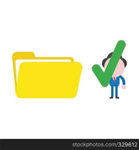 Vector illustration businessman character holding check mark to open file folder.