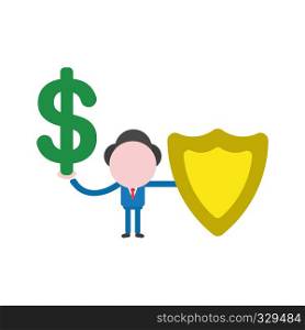 Vector illustration businessman character holding dollar and guard shield.