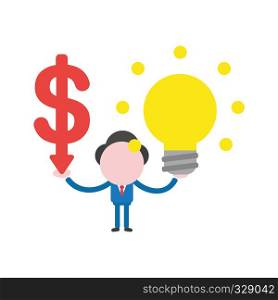 Vector illustration businessman character holding dollar arrow down and glowing light bulb idea.