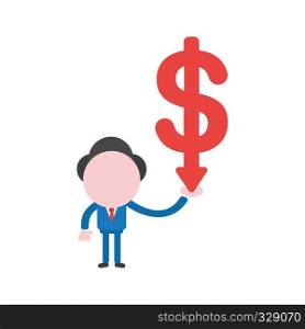 Vector illustration businessman character holding dollar arrow moving down.