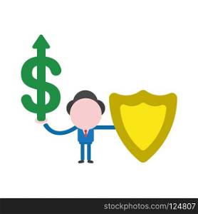 Vector illustration businessman character holding dollar symbol with arrow moving up and guard shield.