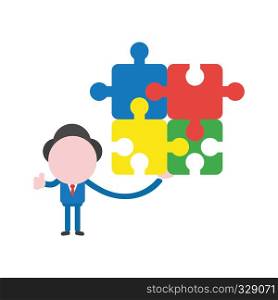 Vector illustration businessman character holding four connected jigsaw puzzle pieces and gesturing thumbs up.