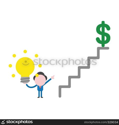 Vector illustration businessman character holding glowing light bulb and pointing dollar symbol on top of stairs.