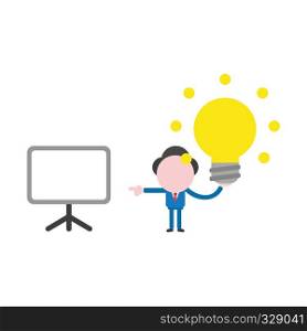 Vector illustration businessman character holding glowing light bulb idea and pointing blank presentation chart.