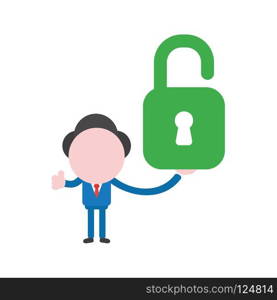 Vector illustration businessman character holding green open padlock and gesturing thumbs up.