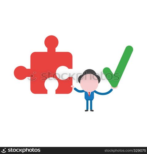 Vector illustration businessman character holding jigsaw puzzle piece and check mark.
