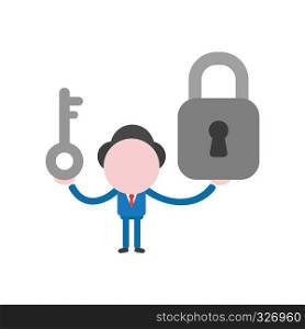 Vector illustration businessman character holding key and closed padlock.